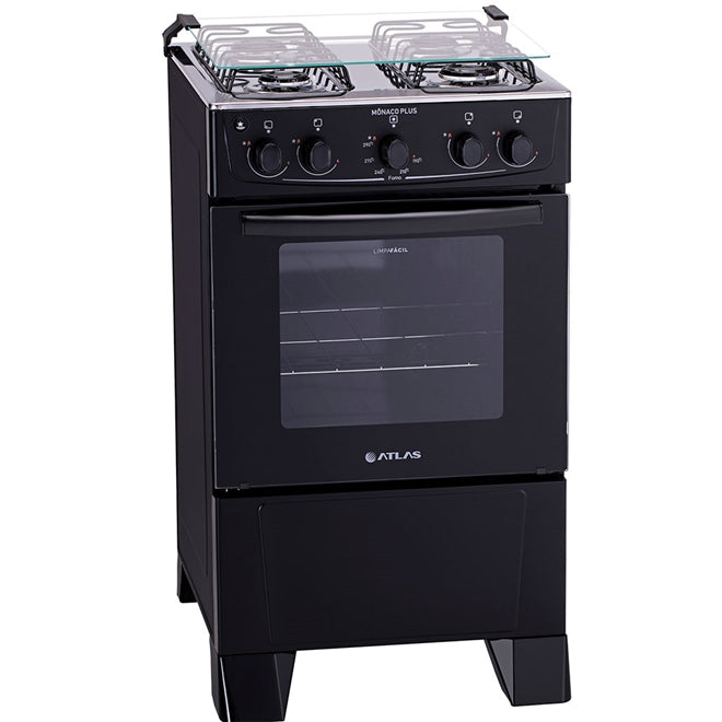 Fogão Atlas Mônaco 4 Bocas preto com Mesa Inox Plus Bivolt